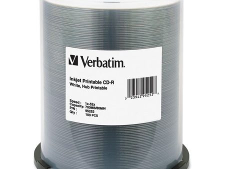 Verbatim CD-R 700MB 52X White Inkjet Printable, Hub Printable - 100pk Spindle on Sale